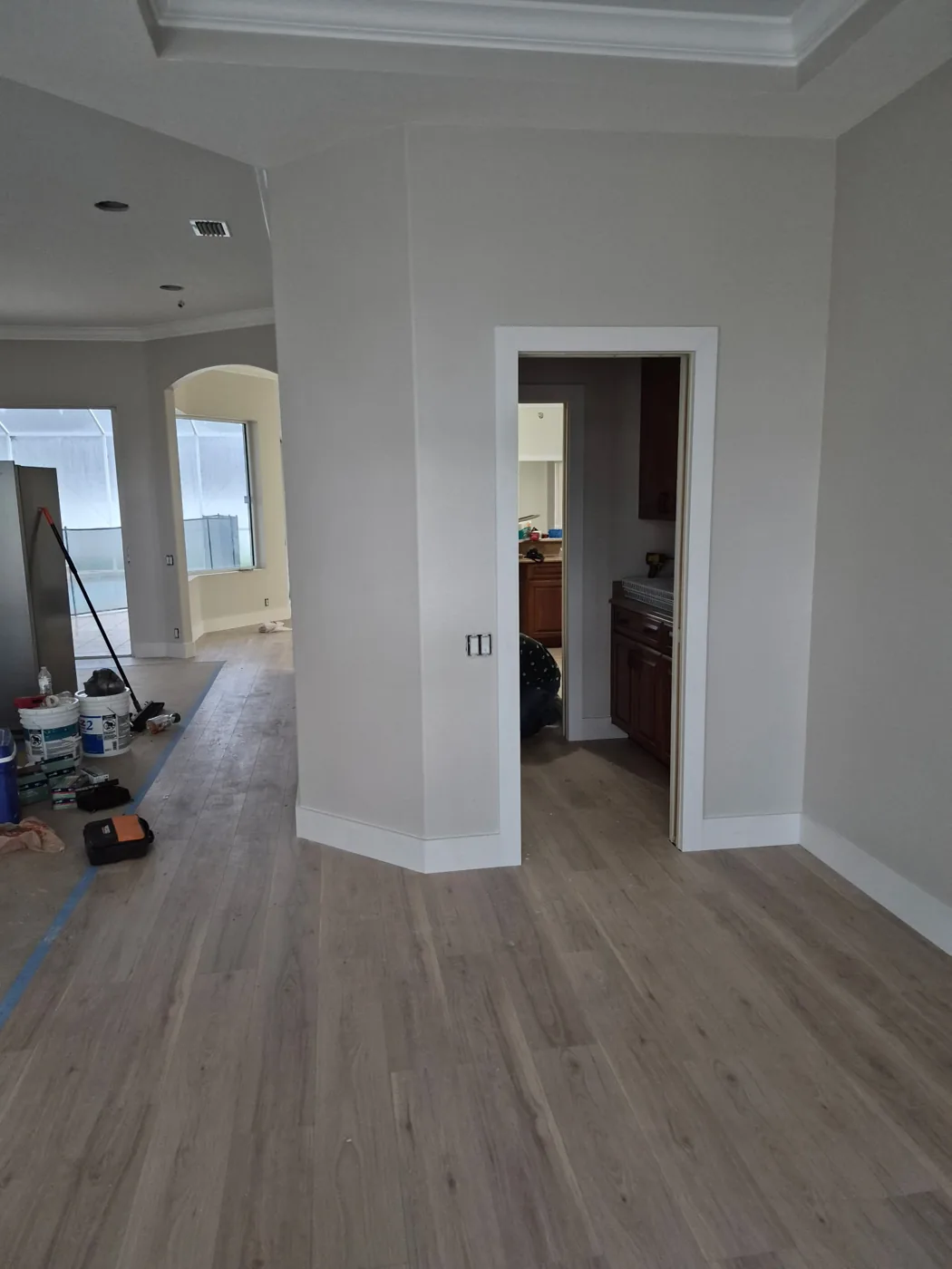 New wood-look flooring with white baseboards and door moldings
