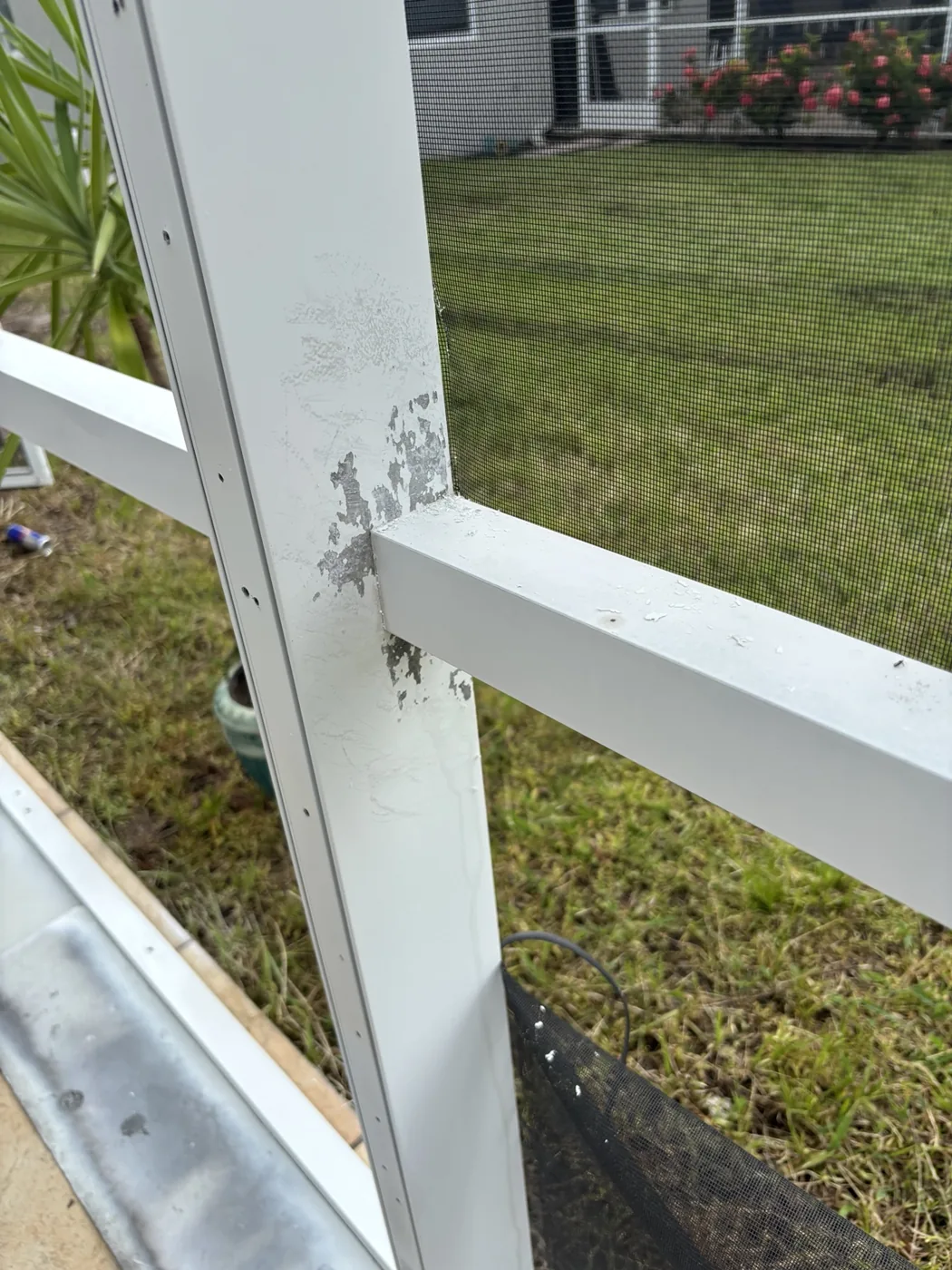Peeling paint on the pool-cage frame before restoration